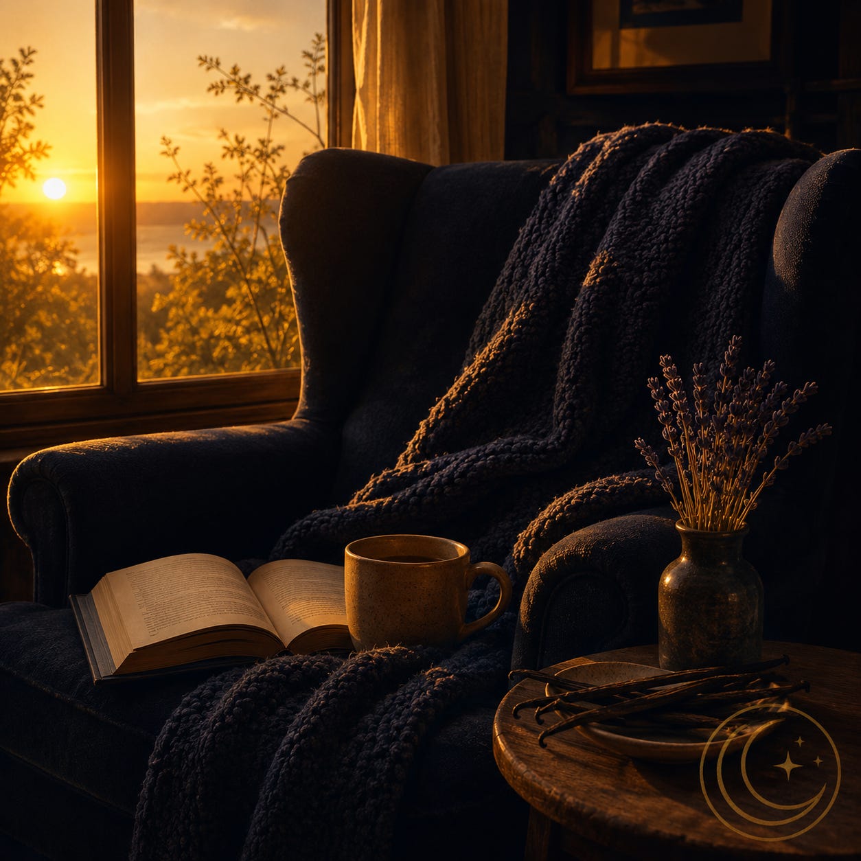 MoonInMental aromatherapy image for Cancer season week June 2026. A soft blanket, warm mug, and book on a chair in low golden solstice light with vanilla and lavender nearby, representing rest, home, and being cared for.