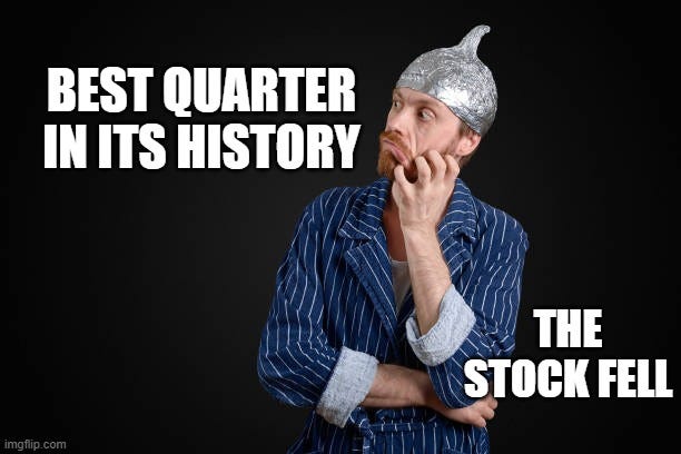 Aluminum Beanie Tin Foil | Best Quarter in its History; the stock fell | image tagged in aluminum beanie tin foil | made w/ Imgflip meme maker Aluminum Beanie Tin Foil | Best Quarter in its History; the stock fell | image tagged in aluminum beanie tin foil | made w/ Imgflip meme maker