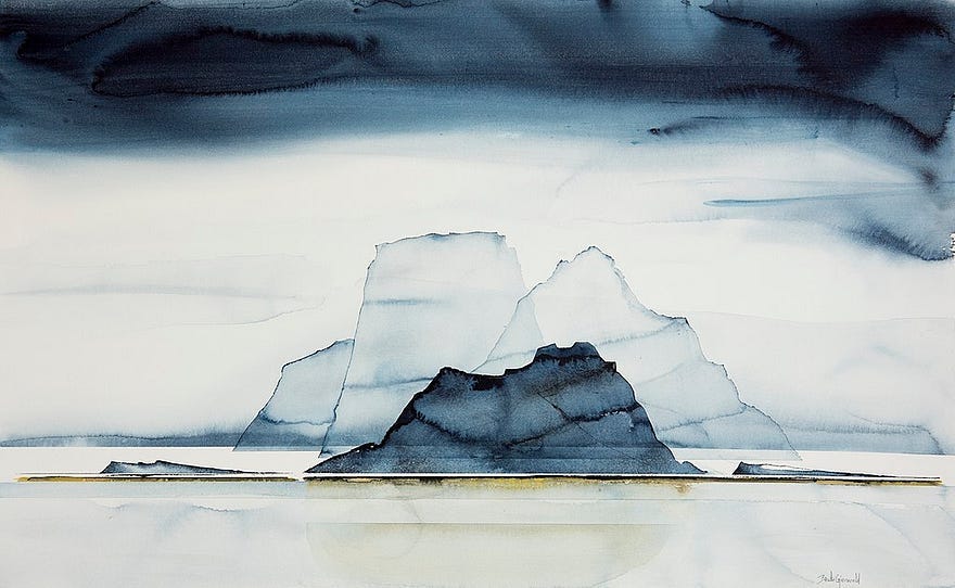 A painting of what seems to be mountains in the sea.