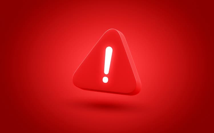 Warning sign icon 3d alert danger hazard caution safety attention emergency notification symbol on red background. Risk precaution security exclamation triangle message traffic signal alarm accident.