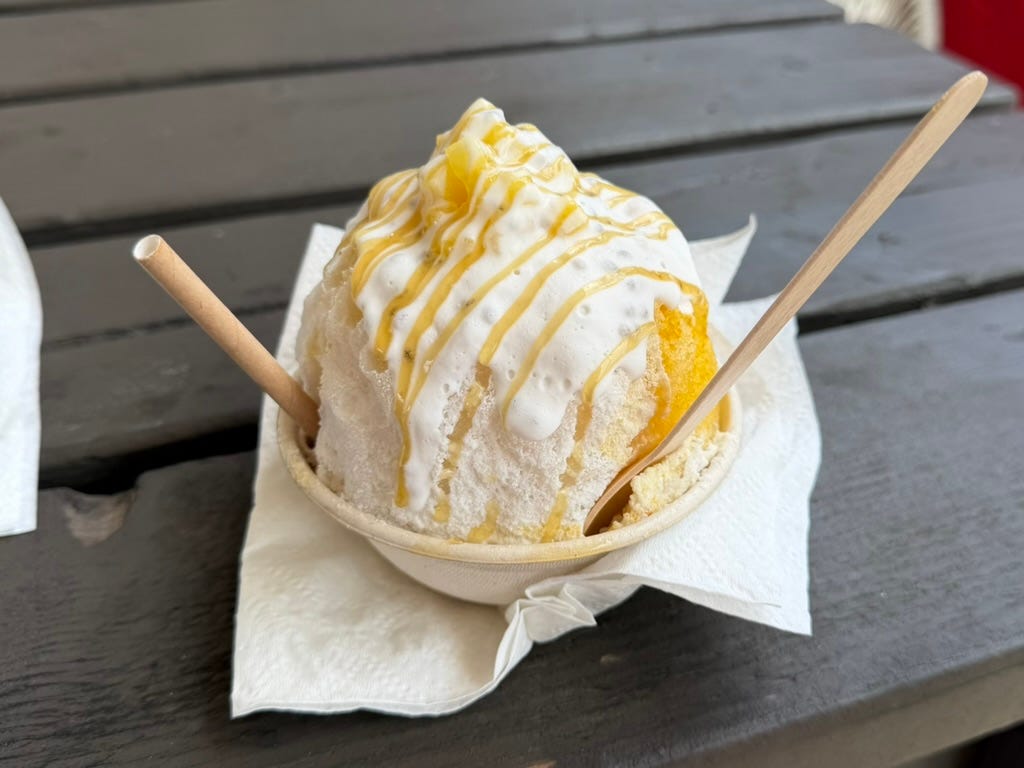 Waikomo Shave Ice food truck at Warehouse 3540 in Kalaheo, Kauai, featuring all-natural fruit syrups.