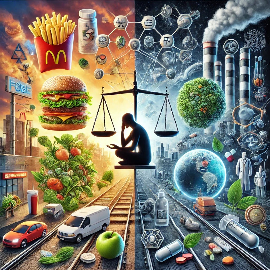 A visually striking conceptual artwork depicting modern health challenges. The image includes:

- A contrast between an ultra-processed fast-food meal and fresh organic food, symbolizing the impact of diet.
- A human figure surrounded by environmental toxins: smog, plastic waste, and chemical symbols representing pollutants.
- Medical and pharmaceutical elements like pill bottles and syringes, with a balancing scale to represent the debate on interventions.
- A person sitting indoors with screens and artificial lighting versus someone outside absorbing sunlight and grounding barefoot.
- A web of interconnected strands showing the complex relationship between food, medicine, environment, and lifestyle in chronic health issues.

The image should be detailed, thought-provoking, and visually balanced, blending realism and conceptual symbolism.