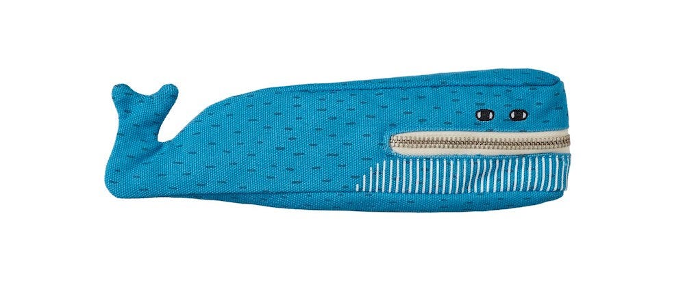 Blue fabric pencil case shaped like a whale