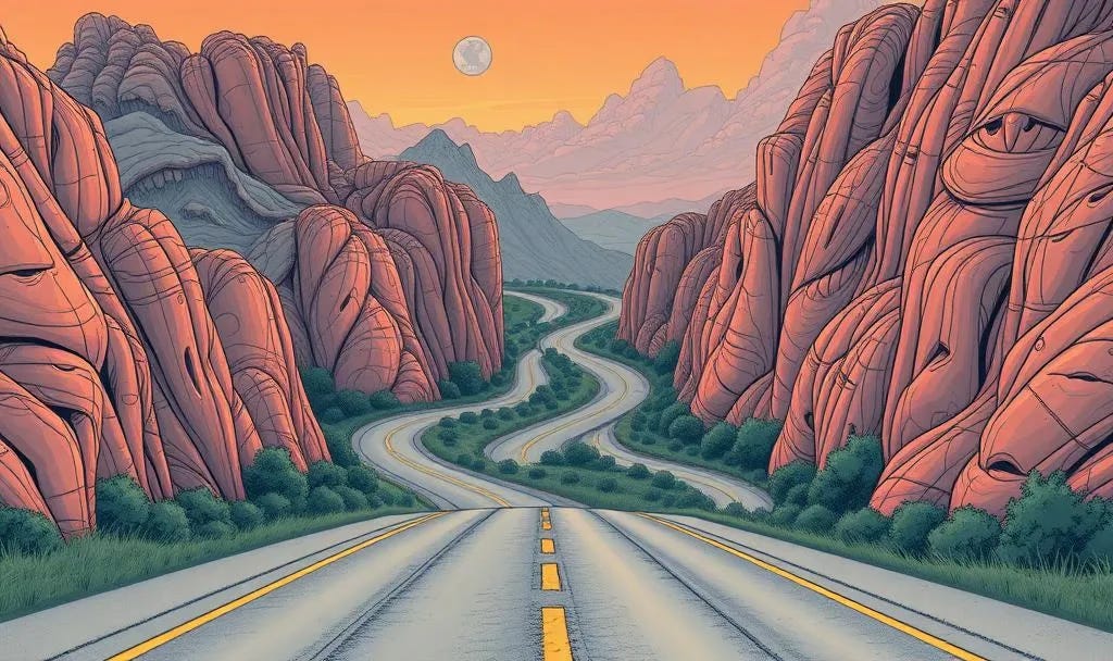 Illustration of a straight highway with yellow lines leading into winding mountain roads that disappear into the distance, representing how clear organizational paths can gradually become uncertain Illustration of a straight highway with yellow lines leading into winding mountain roads that disappear into the distance, representing how clear organizational paths can gradually become uncertain