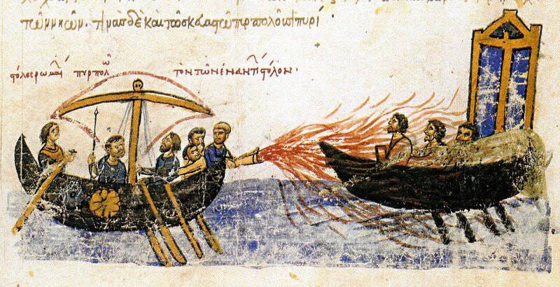 Gleaming beneath the moonlit sky, the Byzantine navy unleashes Greek Fire, illuminating the darkness of ancient warfare.