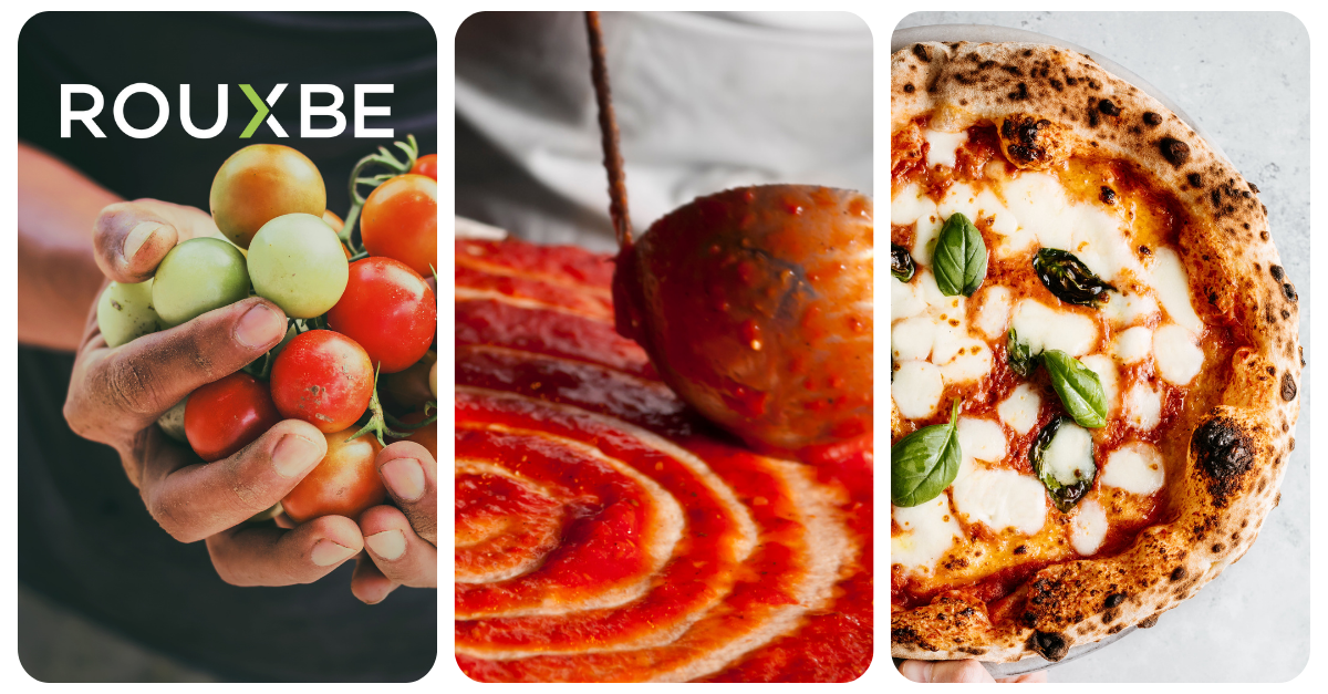 Rouxbe image of tomatoes, tomato sauce, and pizza.