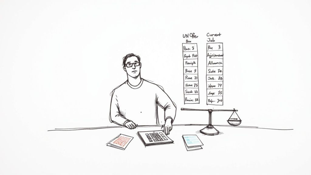 A man at a desk thoughtfully comparing a UN job offer and current job benefits using a calculator and scale. A man at a desk thoughtfully comparing a UN job offer and current job benefits using a calculator and scale.