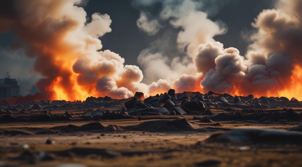 AI generated image of a landscape covered in burning toxic waste
