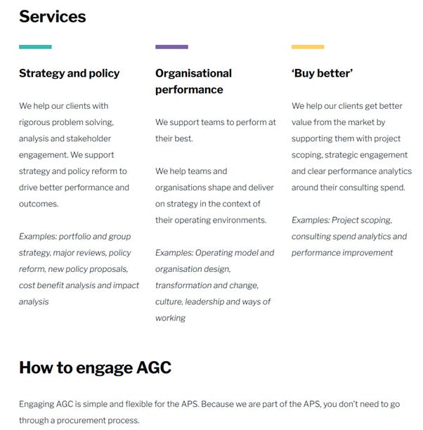 Three brief section that describe the AGC's services: Strategy and Policy, Organisational Performance, and "Buy Better" Three brief section that describe the AGC's services: Strategy and Policy, Organisational Performance, and "Buy Better"