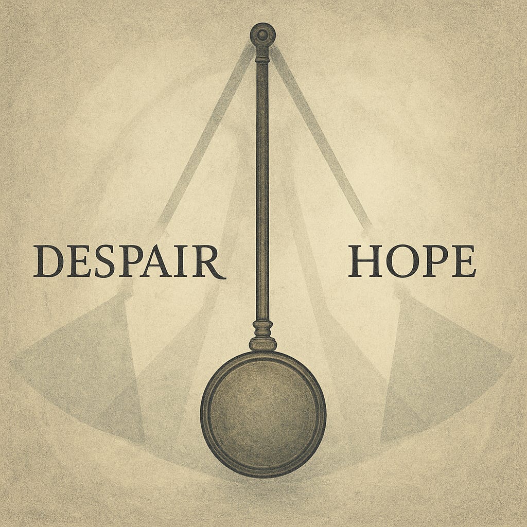A textured, muted digital illustration of a large pendulum suspended in mid-swing between two labeled poles: “Despair” on the left and “Hope” on the right. The background is softly gradiented in grayscale tones, evoking tension and gravity. The pendulum’s arc is subtly implied, suggesting cyclical movement, with no portraits or clutter—just stark symbolism.