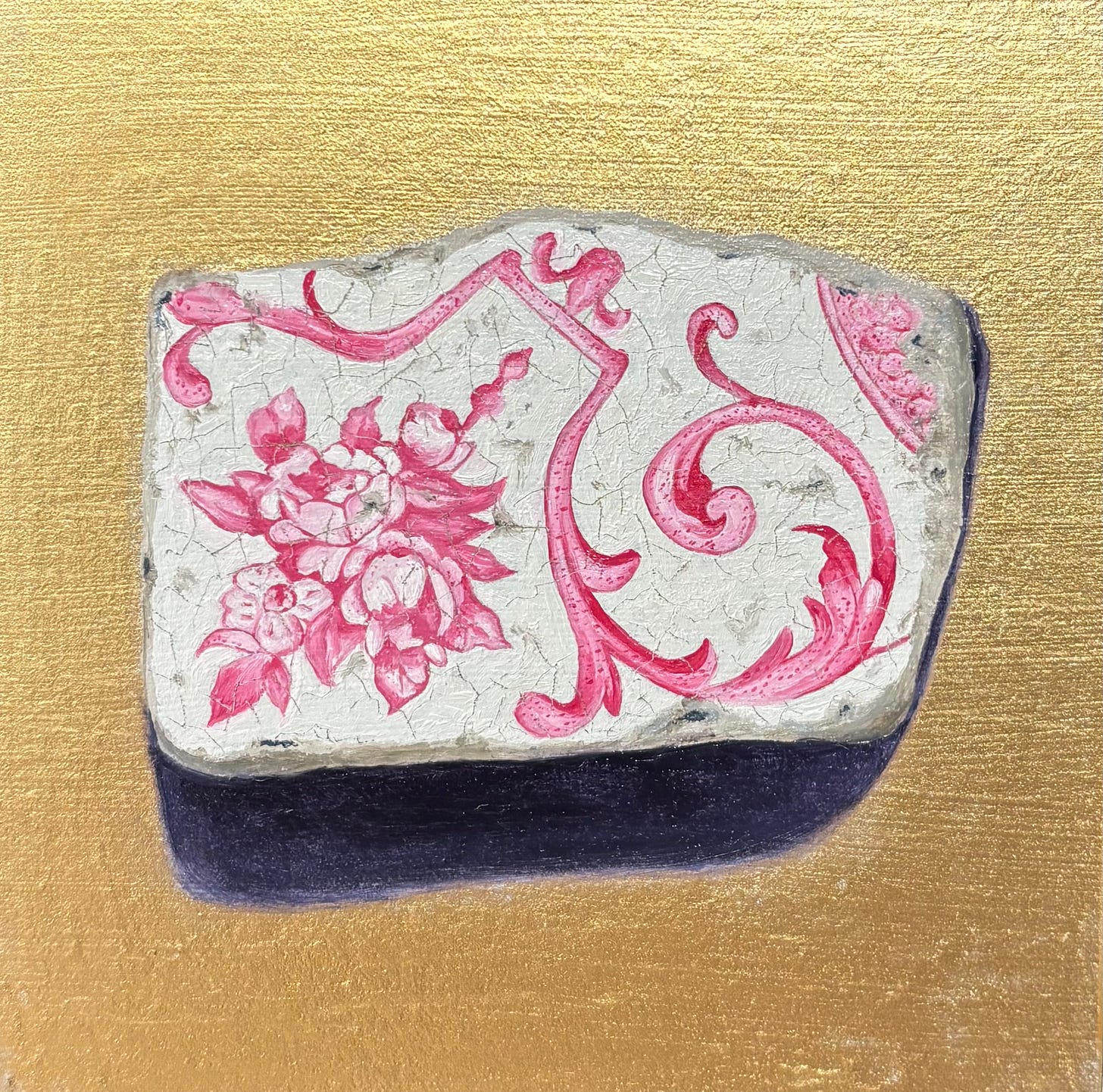 Oil painting of a piece of sea pottery with a faded pink pattern crack and pitted by the sea. on a gold background. Oil painting of a piece of sea pottery with a faded pink pattern crack and pitted by the sea. on a gold background.