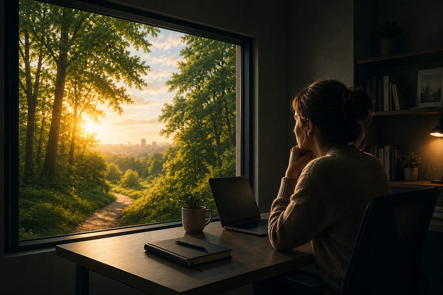 Woman working indoors while looking out at sunlight and nature, illustrating the science behind the indoor epidemic, chronic fatigue, circadian disruption, and the health benefits of outdoor exposure.