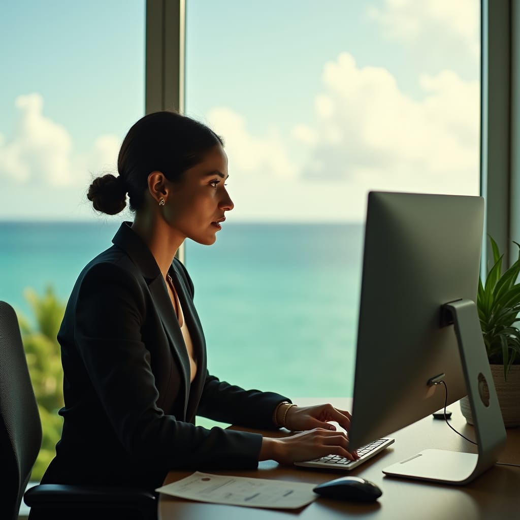 Beautiful Jamaican real estate agent, dressed in a crisp business attire, sitting in a modern office with a stunning ocean view, intently searching for properties on a computer screen, with a look of focused determination. 