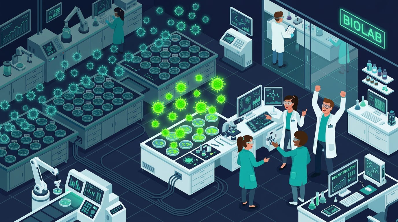 Flat isometric illustration of a futuristic laboratory with hundreds of glowing virus-shaped capsules floating above petri dishes, only sixteen shining bright green while researchers celebrate around microscopes, dark navy background, clean vector art style, teal, green and white color palette, biotechnology editorial aesthetic Flat isometric illustration of a futuristic laboratory with hundreds of glowing virus-shaped capsules floating above petri dishes, only sixteen shining bright green while researchers celebrate around microscopes, dark navy background, clean vector art style, teal, green and white color palette, biotechnology editorial aesthetic