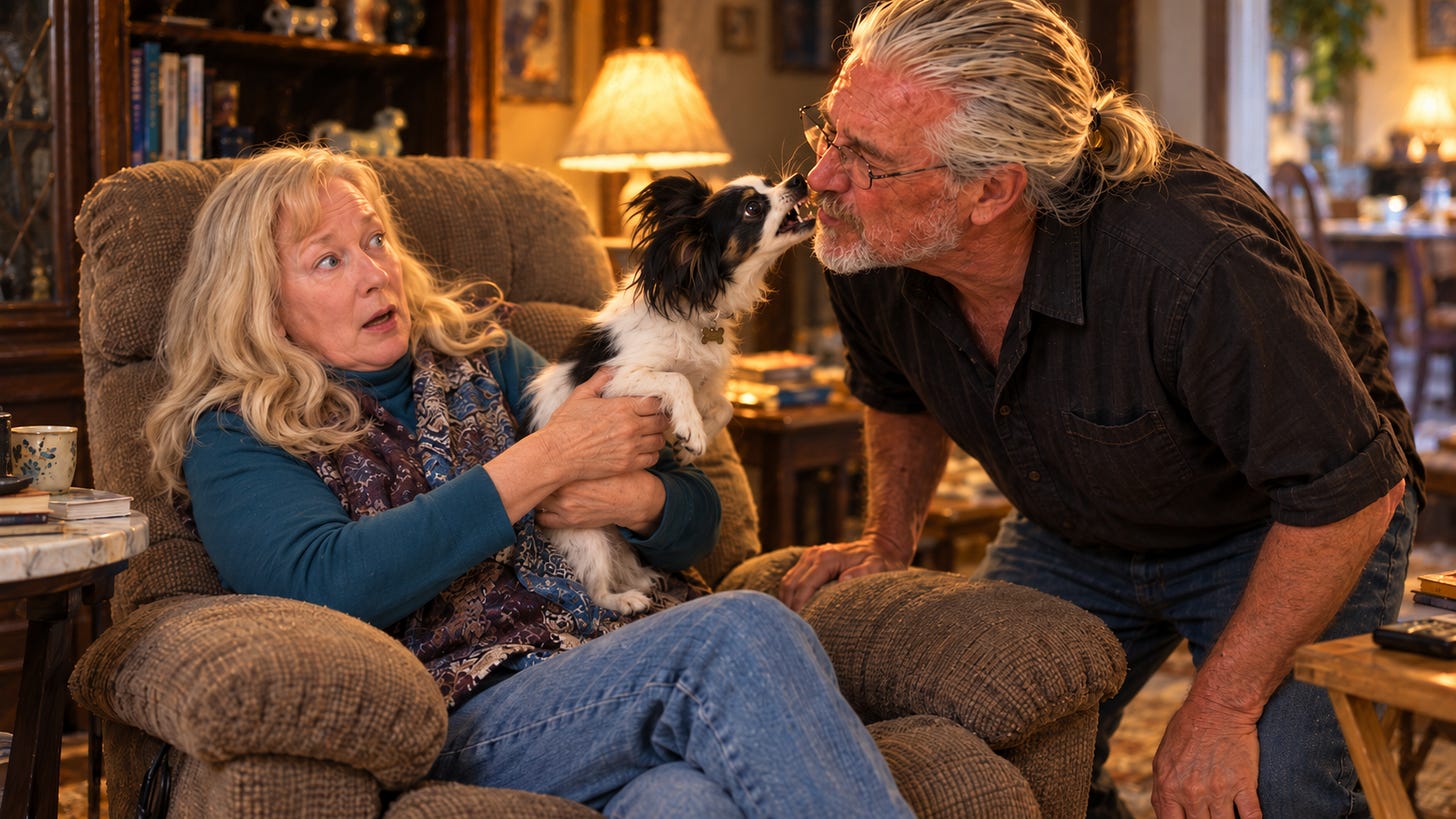 Painterly illustration of Rick Horowitz, with glasses and a silver-white ponytail, leaning toward his wife, Bunny, as Avi Bobalah, their small black-and-white dog, bares his teeth and snaps at Rick’s nose. Bunny looks startled as she holds Avi in her lap in a brown recliner, surrounded by books and warm lamplight. Painterly illustration of Rick Horowitz, with glasses and a silver-white ponytail, leaning toward his wife, Bunny, as Avi Bobalah, their small black-and-white dog, bares his teeth and snaps at Rick’s nose. Bunny looks startled as she holds Avi in her lap in a brown recliner, surrounded by books and warm lamplight.