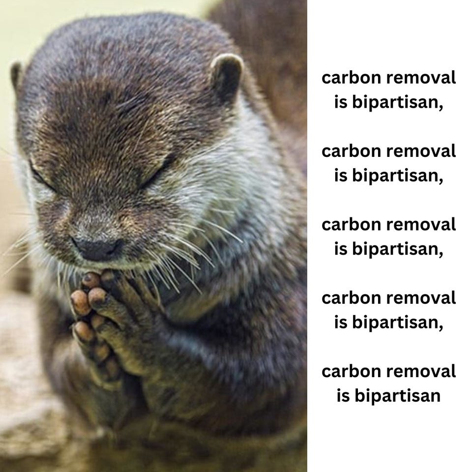 A small otter with its paws pressed together as if praying, beside the text "carbon removal is bipartisan" repeated five times.