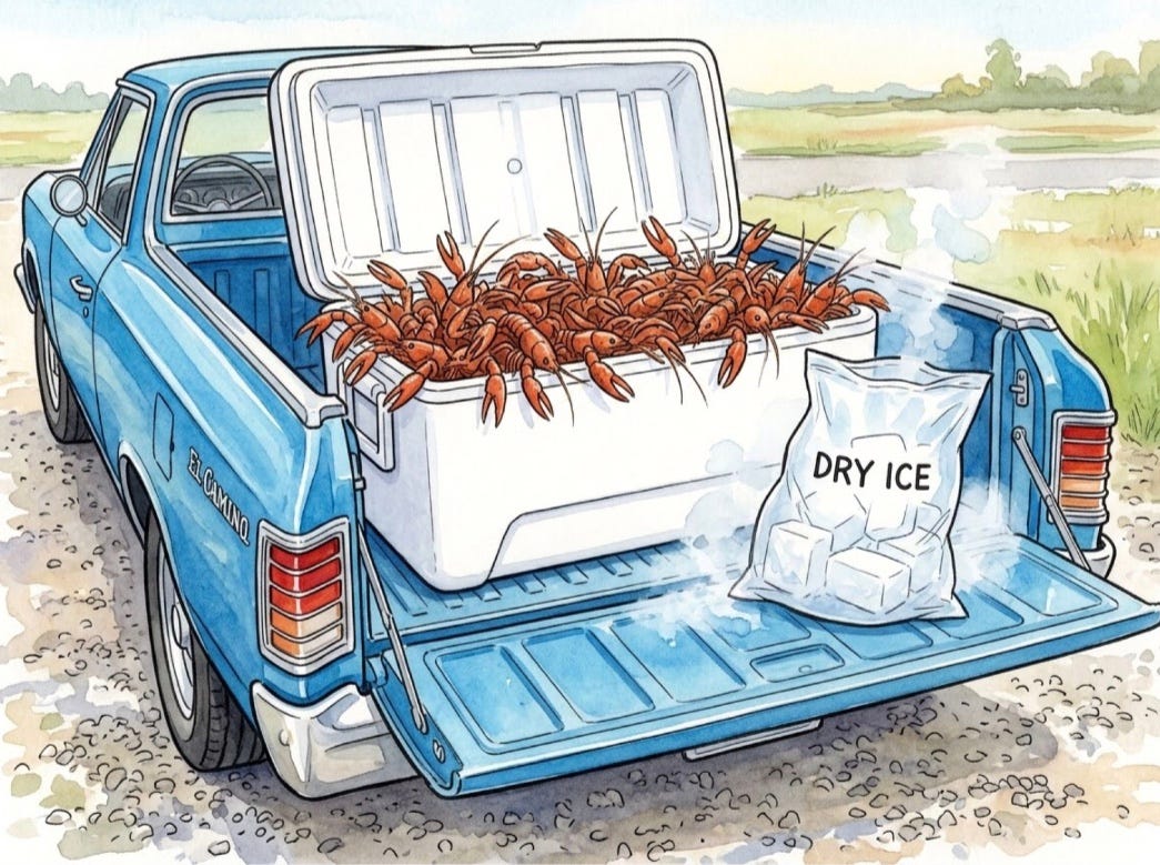 A watercolor illustration of the open bed of a vintage blue El Camino truck. Inside, a large white cooler overflows with live red crawfish next to a steaming bag labeled "DRY ICE. A watercolor illustration of the open bed of a vintage blue El Camino truck. Inside, a large white cooler overflows with live red crawfish next to a steaming bag labeled "DRY ICE.