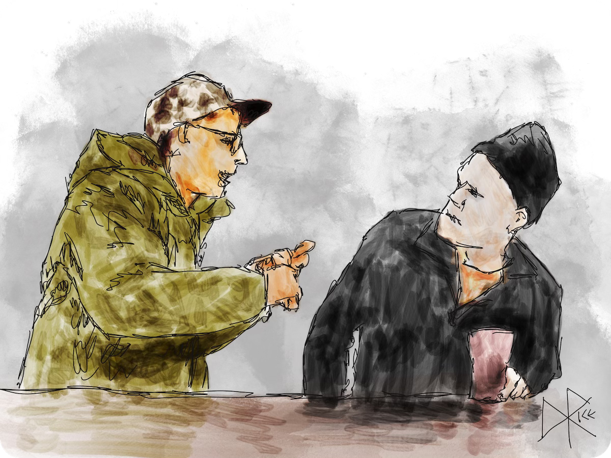 Two men in conversation at a bar. One is talking and gesturing with his hands while the other holds his beer, looking skeptically. Sketch art by Don Rice.
