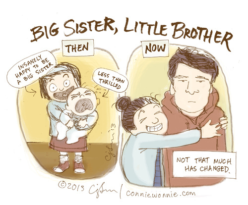 An early cartoon drawing of the artist and her brother, then and now. Titled "Big Sister, Little Brother," original artwork by Connie Sun, 2013. An early cartoon drawing of the artist and her brother, then and now. Titled "Big Sister, Little Brother," original artwork by Connie Sun, 2013.