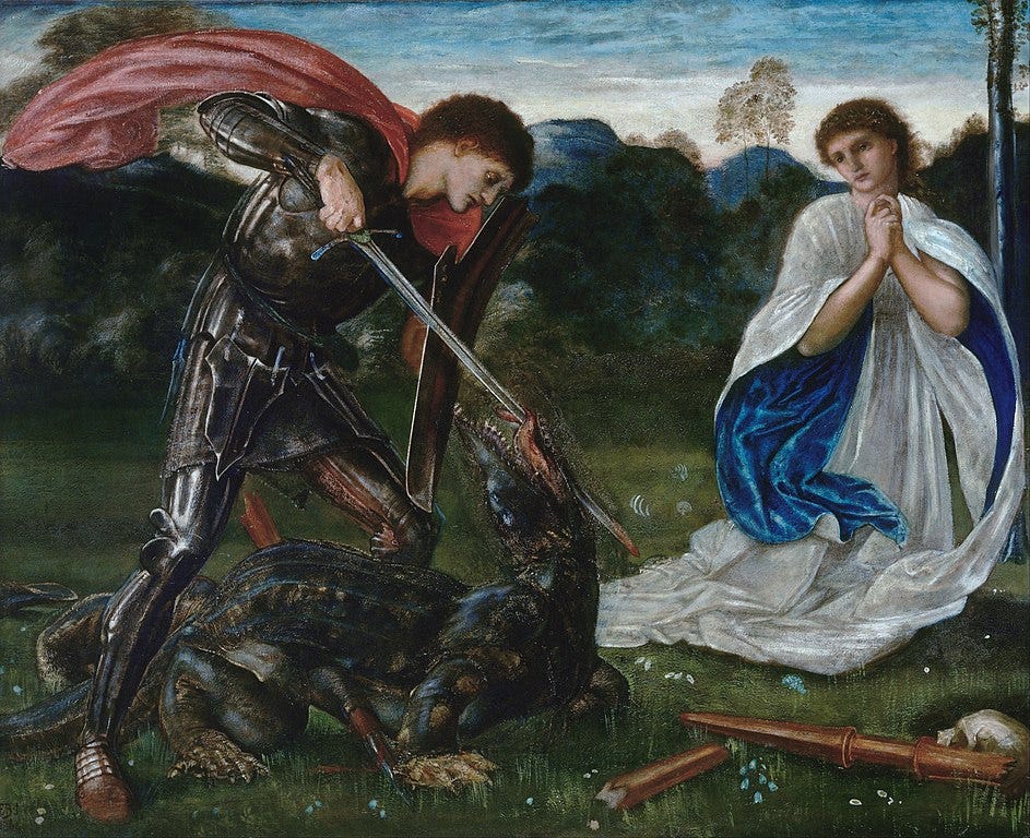 George kills the dragon as the lovely Sabra looks upon her hero.
