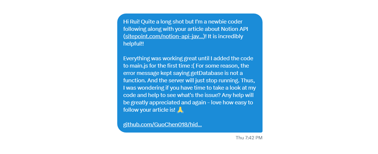 guo's twitter message to the writer of the blog