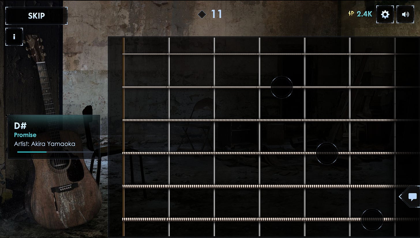 A guitar fretboard with three circles over its strings to be tapped
