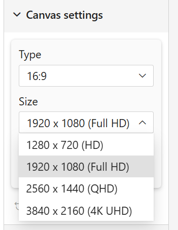 Canvas settings panel in Power BI showing Type dropdown set to 16:9 and Size dropdown expanded with options: 1280 x 720 (HD), 1920 x 1080 (Full HD) selected, 2560 x 1440 (QHD), and 3840 x 2160 (4K UHD).