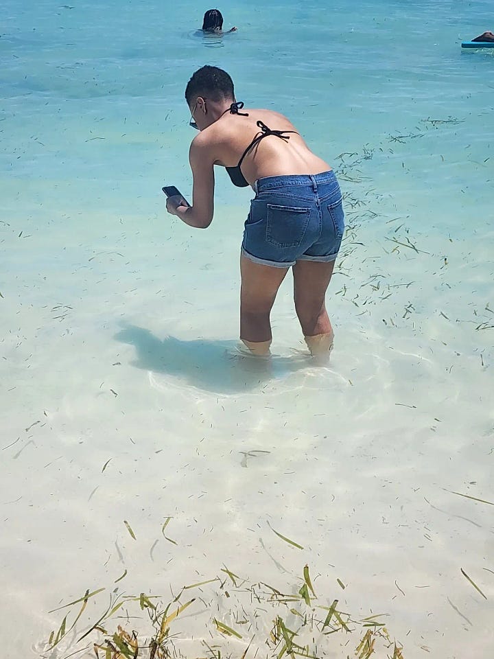 Photos of the Caribbean ocean, the sandy beaches, and water and sky! And a black chick taking pictures of everything and sitting drinking a pineapple drink.