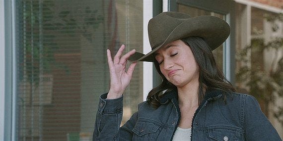 Walker Cassie tipping her Ralph Lauren cowboy hat to Cordell 2.10. Walker Cassie tipping her Ralph Lauren cowboy hat to Cordell 2.10.