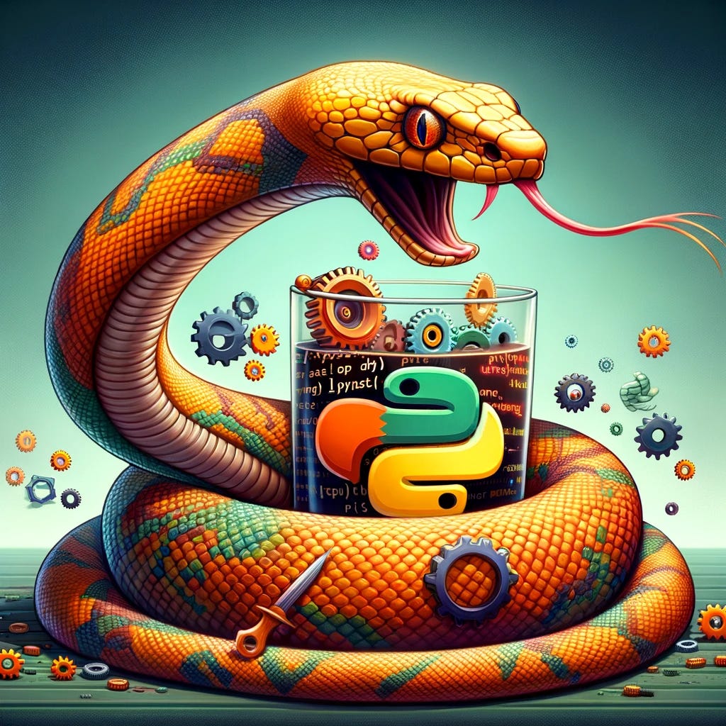 Illustrate a concept where a Python snake wraps around and integrates Rust elements for enhancing performance. The scene should visually represent a Python application, symbolized by a large, vibrant Python snake, incorporating Rust's distinct features like the Rust logo and a recognizable Rustacean figure for optimizing specific performance bottlenecks. The Python snake should be seen actively engaging with these Rust elements, such as gears and code snippets, to signify the seamless incorporation of Rust into Python for performance improvements. This depiction should highlight the strategic use of Rust within a Python environment to address and enhance critical sections of the application, emphasizing the collaboration between the two programming languages through visual metaphors that clearly identify both Python's and Rust's contributions.