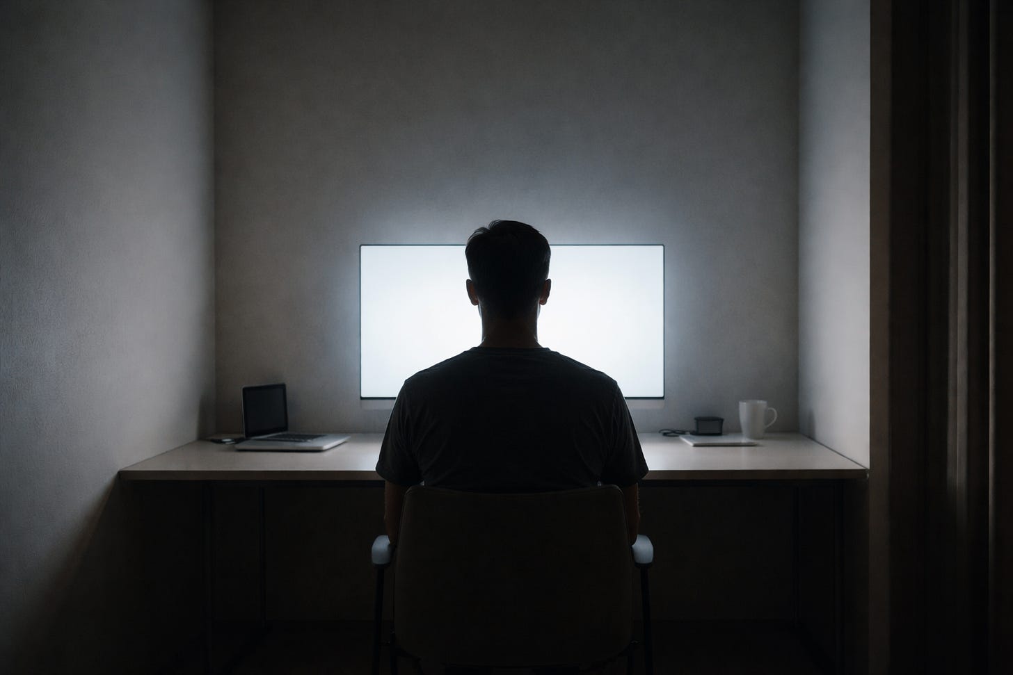 Silueta unui om văzut din spate, la un birou minimalist, în fața unui ecran luminos, într-un spațiu sobru care sugerează prezența discretă și neliniștitoare a inteligenței artificiale. Silueta unui om văzut din spate, la un birou minimalist, în fața unui ecran luminos, într-un spațiu sobru care sugerează prezența discretă și neliniștitoare a inteligenței artificiale.