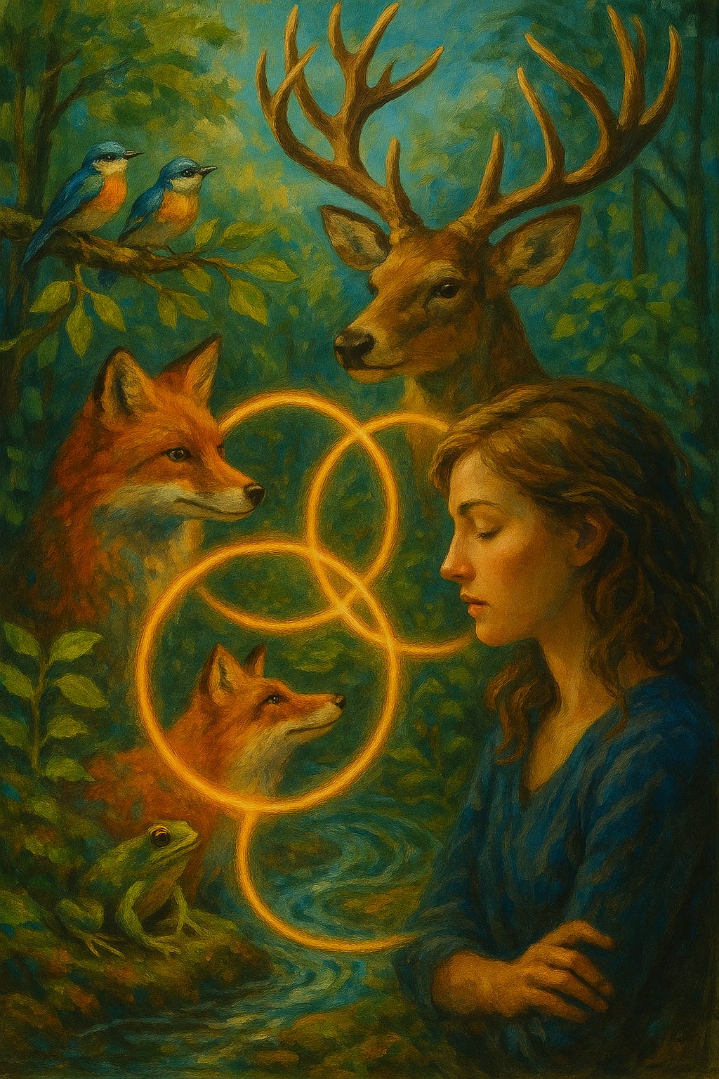Highly detailed, text-free painting in rich forest colours. A woman with closed eyes sits on the right, grounded and calm. Around her are a stag, two foxes, two bluebirds and a frog, all facing toward the centre. Between them float three interlocking golden loops of light, linking every creature together. A stream curls through the scene, suggesting flow. The whole image shows that it’s the loops connecting them — not the separate parts — that make the system alive.