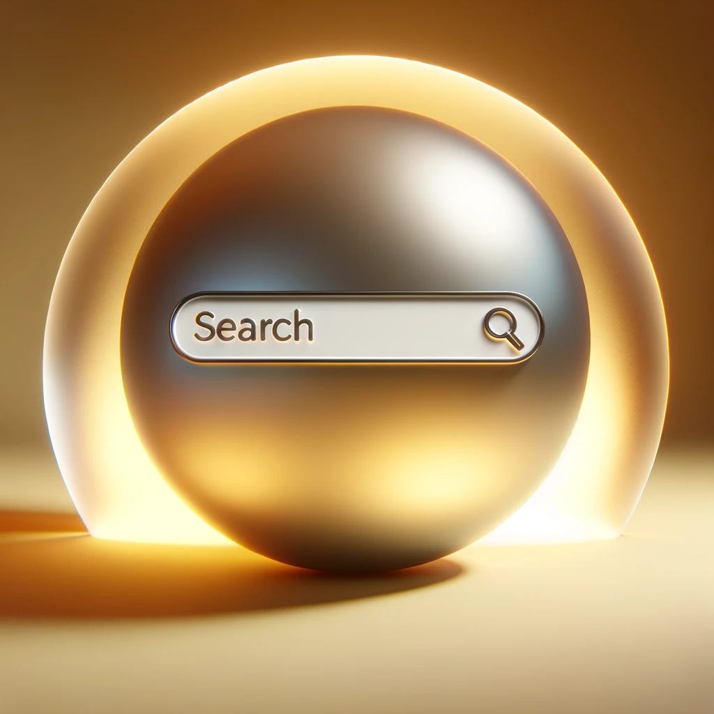 A 3D scene with an enhanced design of a search input field in the foreground, and a large sphere with a slightly yellow tint in the background. The search field is more refined and modern, featuring a minimalist design with a clear input area and an elegant search icon. The sphere in the background provides a soft, warm backdrop, with its matte, frosted glass texture and a gentle yellow glow. The composition aims to blend the practicality of the search field with the aesthetic beauty of the sphere, creating a visually appealing and balanced image.
