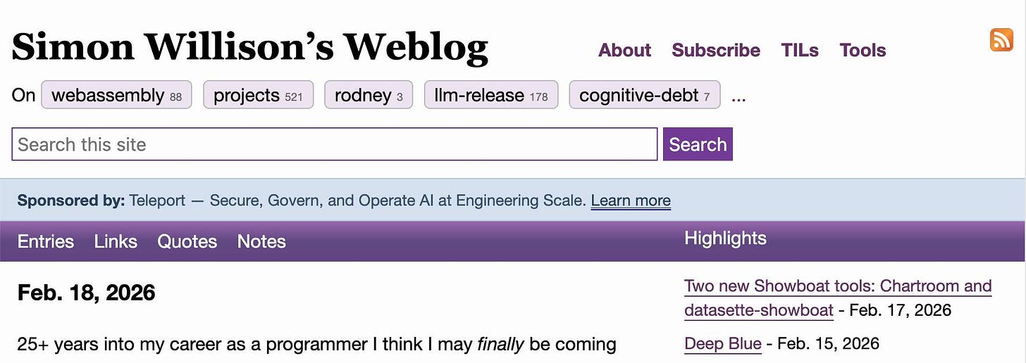 Screenshot of my blog's homepage. Below the Simon Willison's Weblog heading and list of tags is a new blue page-wide banner reading 