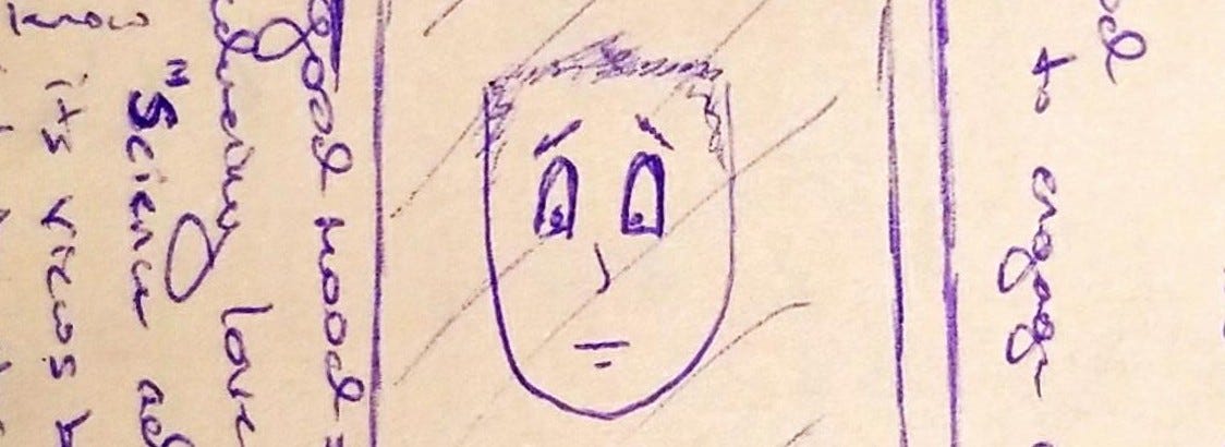 Hand-drawn sketch of a simple, slightly worried face inside a smartphone screen, surrounded by handwritten notes, representing attention, memory, and self-reflection.