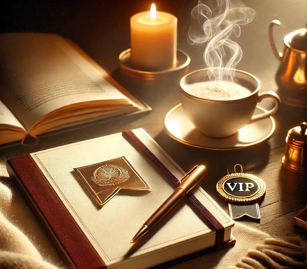 A candle, coffee notepad and book plus a VIP badge