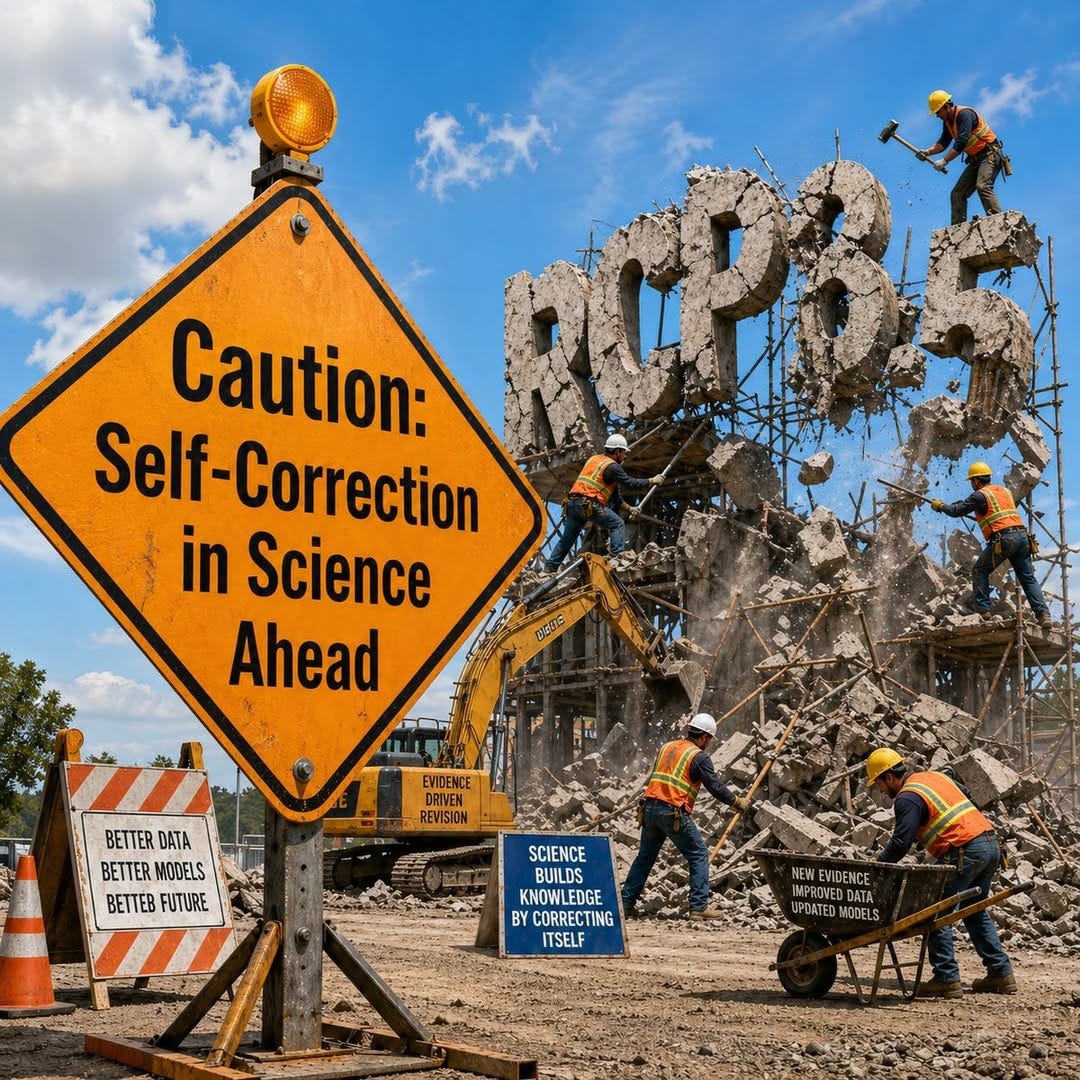 May be an image of text that says "Caution: Self- Self-Correction in Science Ahead ENDENCE DRIVEN KEVISIOR BETTER DATA BETTERMODELS BETTER MODELS BETTEB FUTURE SCIENCE BUILDS KNOWLEDGE BY CORRECTING TING ITSELF NEWEV NEWLEMIDENCE ENCE INPROVEDDATA DATA POATEDMODELS WODELS"