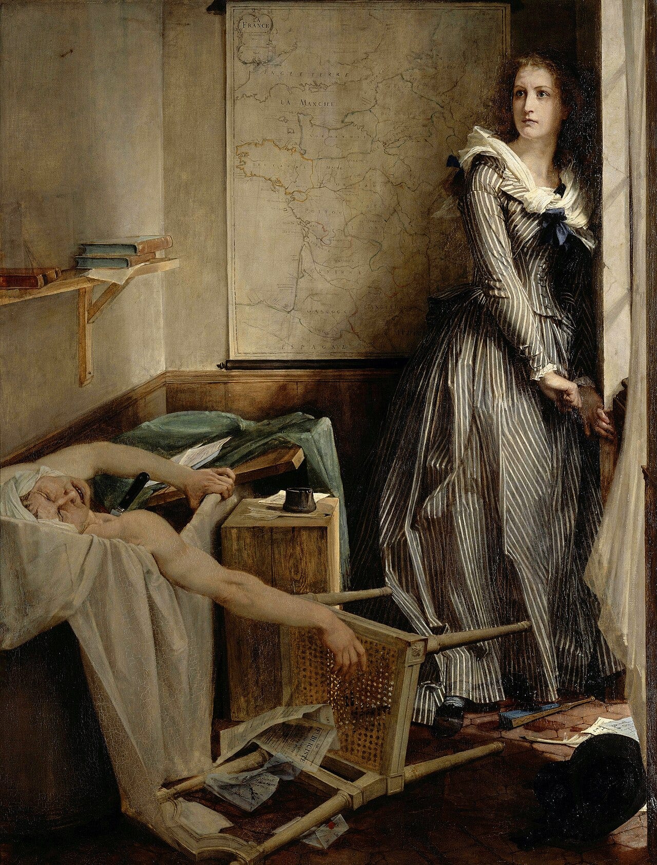 Charlotte Corday standing after stabbing Marat, holding the murder weapon Charlotte Corday standing after stabbing Marat, holding the murder weapon