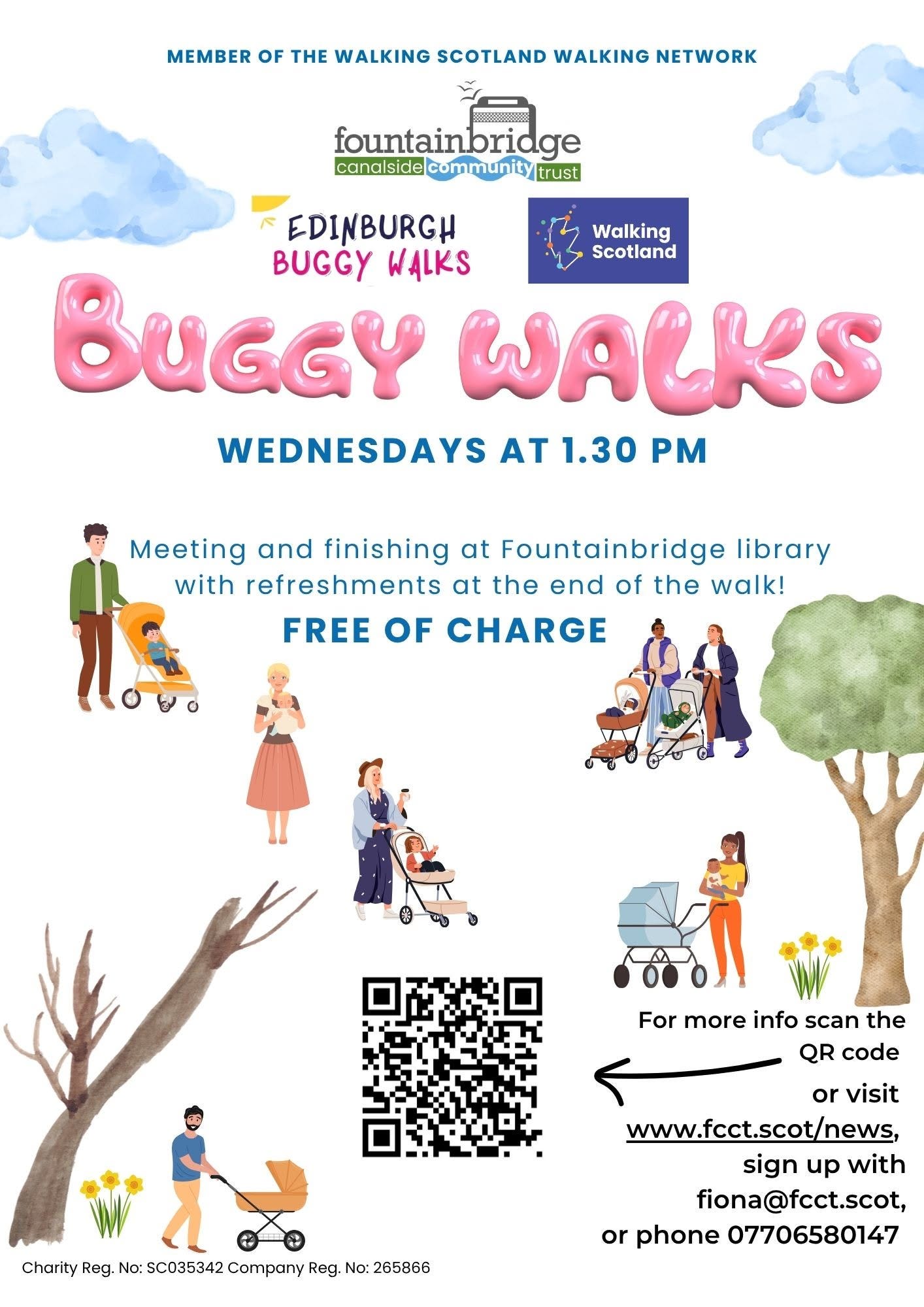 May be an image of text that says "MEMBER OF THE WALKING SCOTLAND WALKING NETWORK fountainbridge canalside communits unity trust com EDINBURGH Walking BUGGY WALKS Scotland BUGGY WACKS WEDNESDAYS AT 1.30 PM Meeting and finishing at Fountainbridge library with refreshments at the end of the walk! FREE OF CHARGE For more info scan the QR code Charity Reg. No: SC035342 Company Chartyfag.coa..com.oml/ Reg. No: 265866 or visit www.fcct.scot/news, sign up with fiona@fcct.scot, or phone 07706580147"