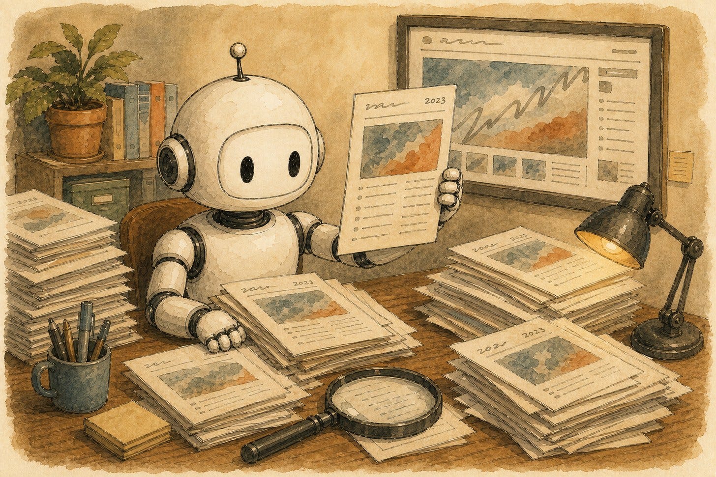 Watercolor illustration: the same white robot sits at a desk buried in tall stacks of dated paper printouts, holding one marked 2023 up to the light. A magnifying glass rests on the desk and a framed chart hangs on the wall behind it.
