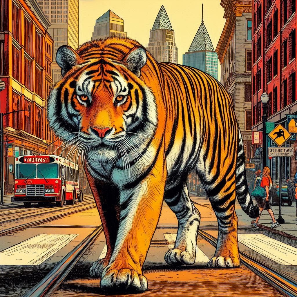 A Bengal Tiger walking down the street in Cincinnati in the style of robert crumb