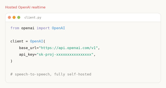 Switching an OpenAI Realtime client endpoint from hosted OpenAI to a self-hosted speech-to-speech server
