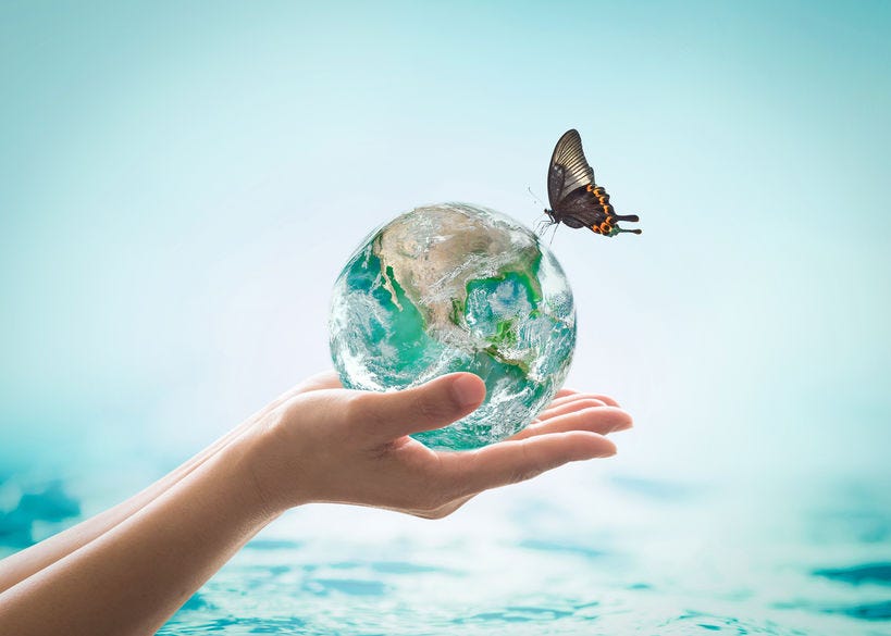 Planet in a hand with ocean and a butterfly