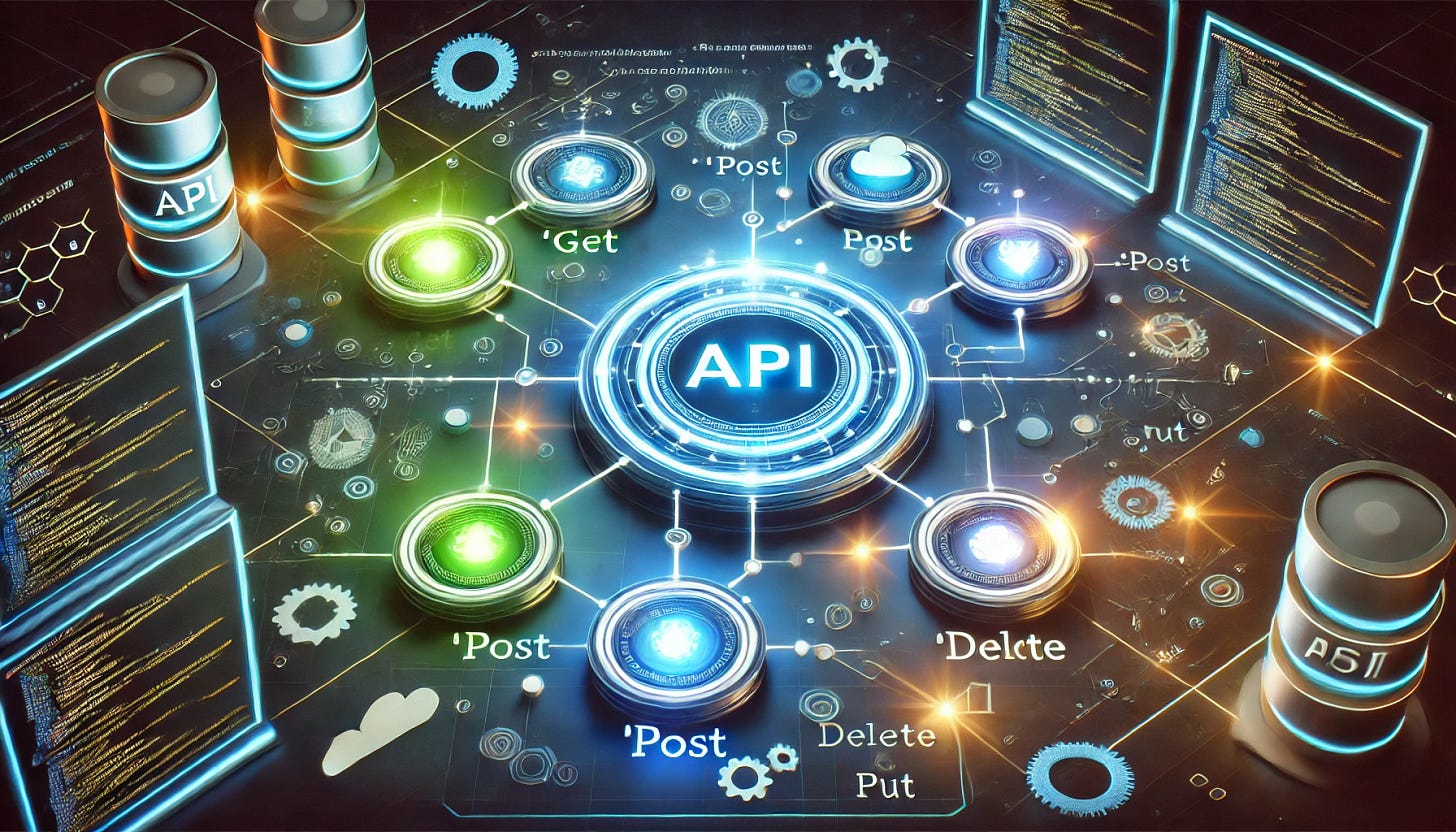 Futuristic API guide image with glowing nodes, code, and tech elements. 