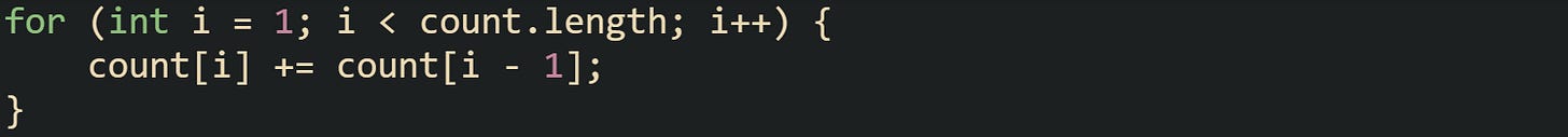 for (int i = 1; i < count.length; i++) {     count[i] += count[i - 1]; }