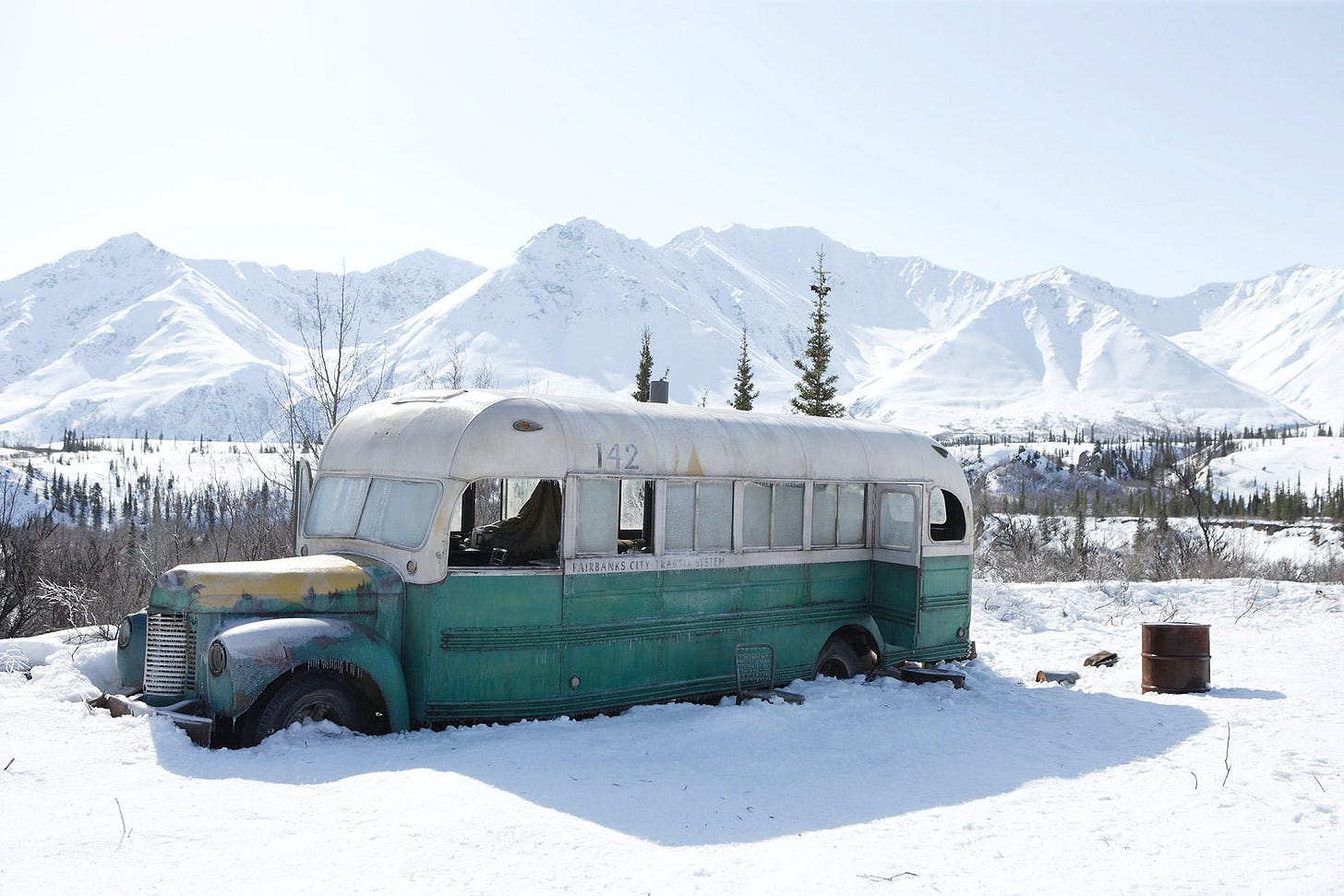 Abandoned bus in the snowy mountain