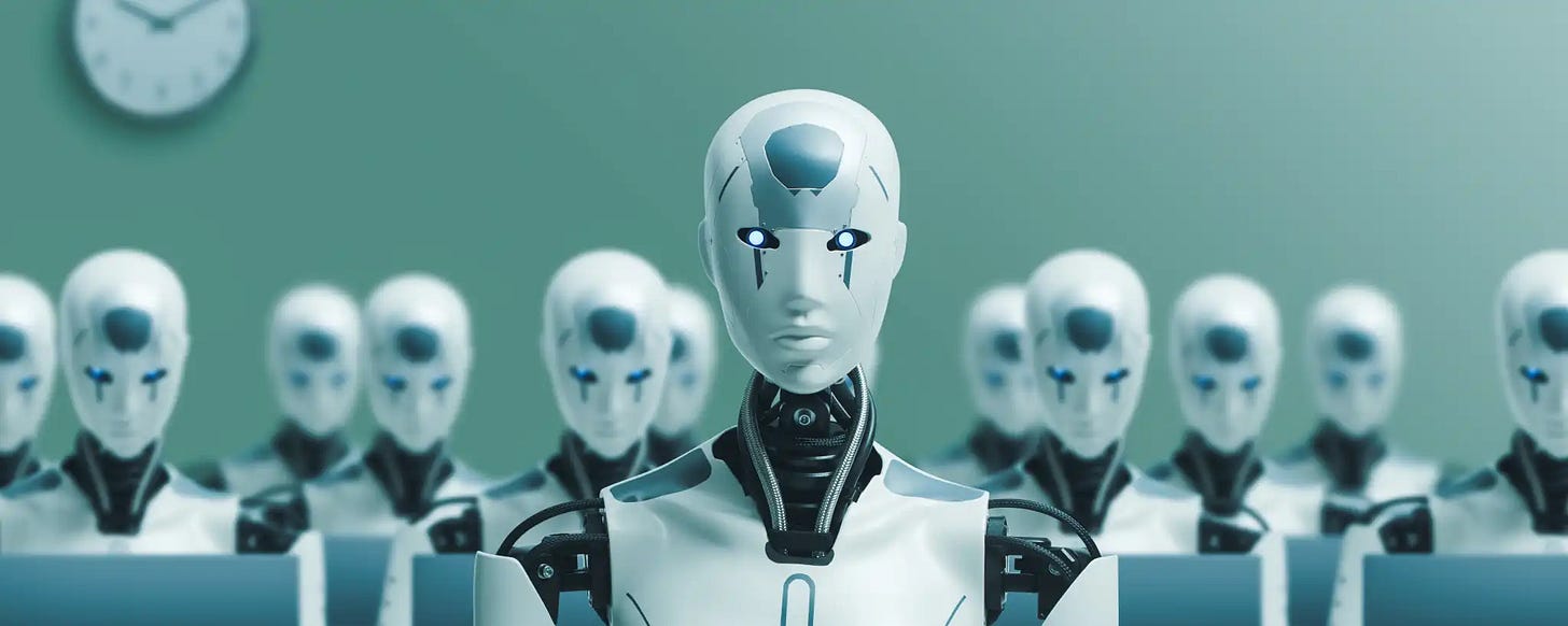 Row of AI robots at laptops representing a multi agent automated content production system