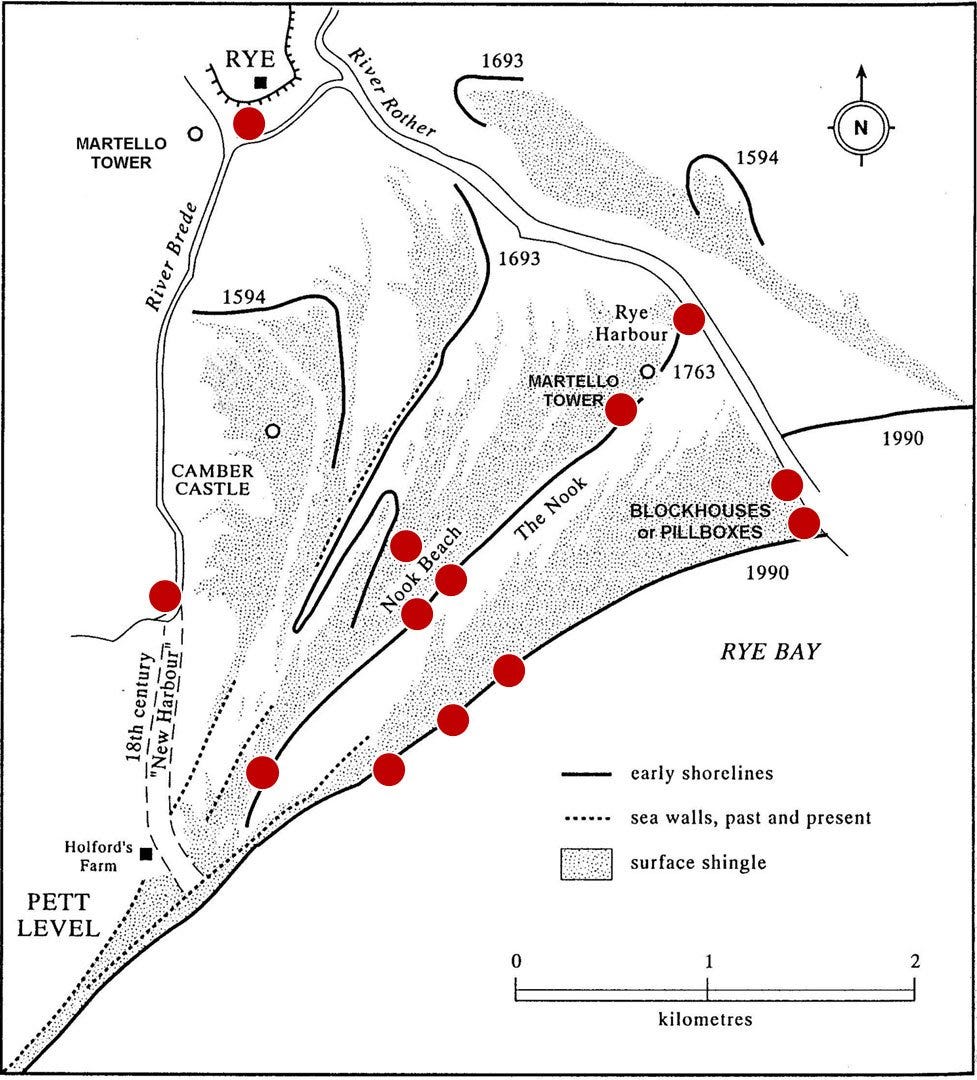 Map of the Rye Harbour Nature Reserve, with pillboxes marked with red dots.