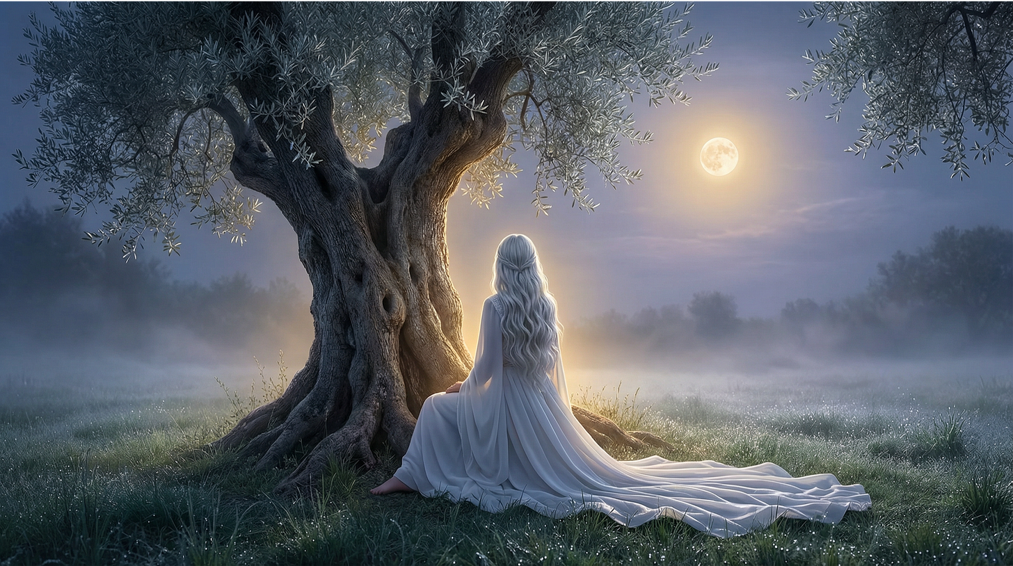 Femme en robe blanche assise sous un olivier, contemplant la pleine lune dans un paysage brumeux au début du printemps.
