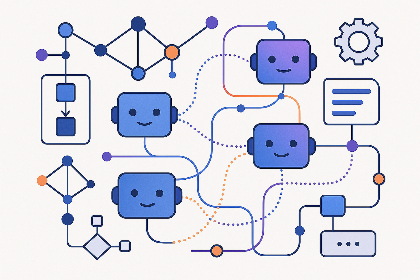 An abstract visualization of AI agents working together automatically, showing connected nodes, workflow diagrams, and automated processes with data streams flowing between different AI agents